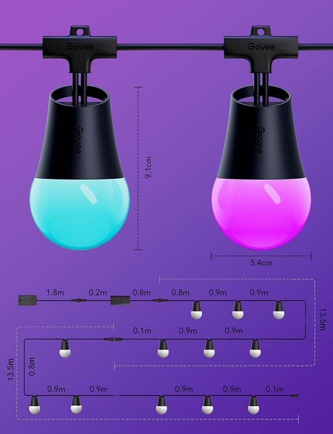 Govee Smart Outdoor String Lights 2, 96ft RGBIC Outdoor Lights with Dimmable Warm White LED Bulbs, 47 Scene Modes for Patio, Backyard, IP65 Waterproof, Works with Alexa, App Control-Ruum Studio Home