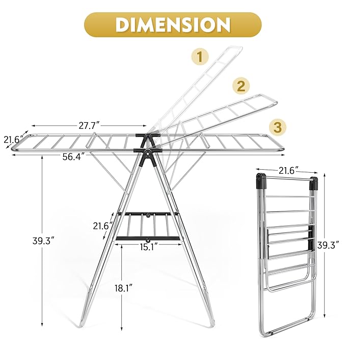APEXCHASER Clothes Drying Rack, Drying Rack Clothing with Height-Adjustable, Foldable Gullwings Laundry Rack, Indoor Outdoor Use, No Assembly,Black-Ruum Studio Home