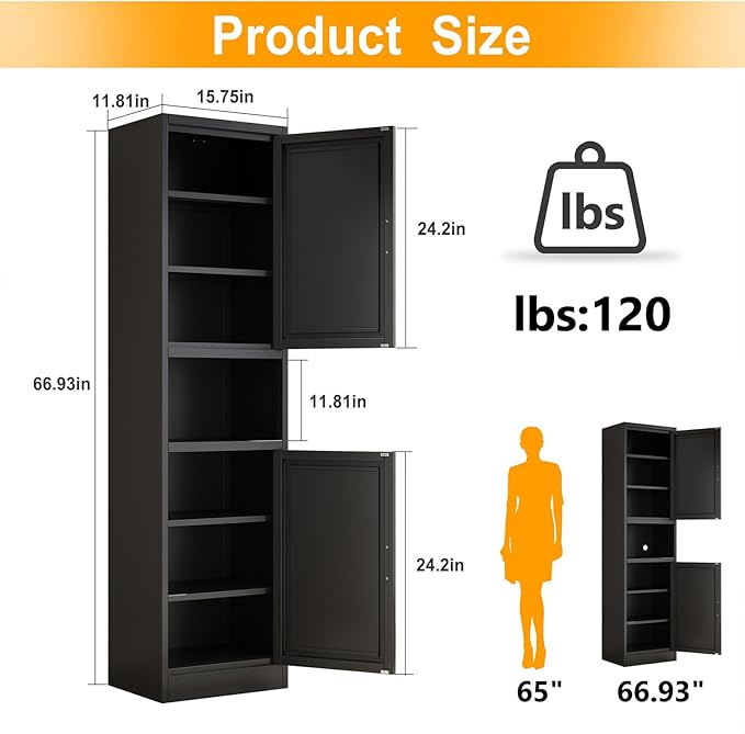 Tall Narrow Storage Cabinet 66.93" H Tall Bathroom Cabinet Metal Pantry Cabinets, 4 Adjustable Shelves for Kitchen, Home Office, Living Room, Dinning Room (16 inches Wide Black)-Ruum Studio Home