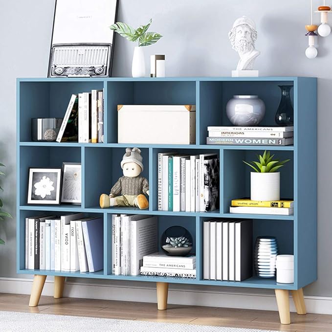 IOTXY Wooden Open Shelf Bookcase - 3-Tier Floor Standing Display Cabinet Rack with Legs, 10 Cubes Bookshelf, Bright Blue-Ruum Studio Home