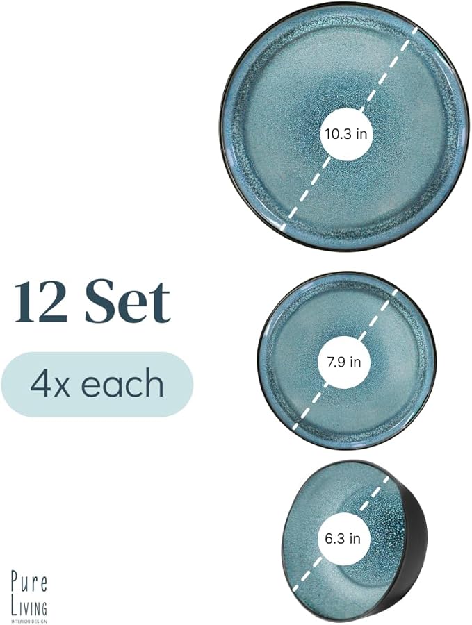 12 Piece Dinnerware Sets for 4 - Modern Style Stoneware Dinnerware Set - Scratch Resistant, Dishwasher Safe Plates and Bowls Sets Ceramic, Dish Set, Bowl and Plate Set - Black and Petrol Blue…-Ruum Studio Home