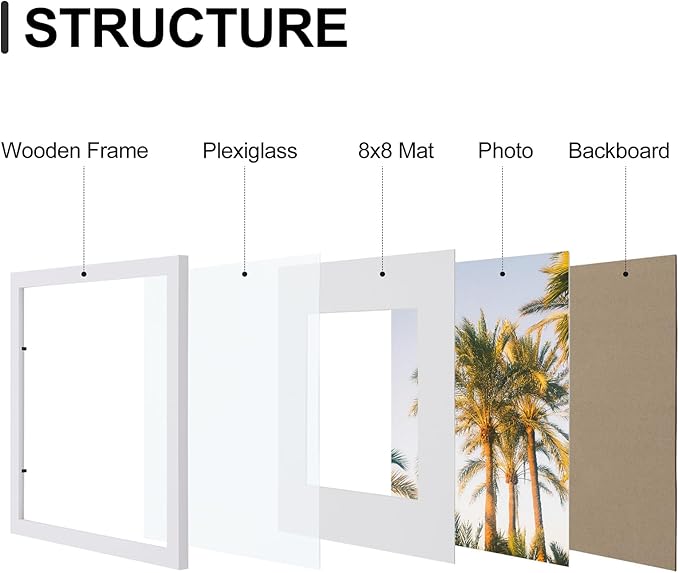 Vittanly 12x12 Picture Frames Set of 9, Shatter Resistant Plexiglass, Display 8x8 Pictures with Mat or 12x12 without Mat, Photo Frames for Wall Mount, Engineered Wood, White-Ruum Studio Home
