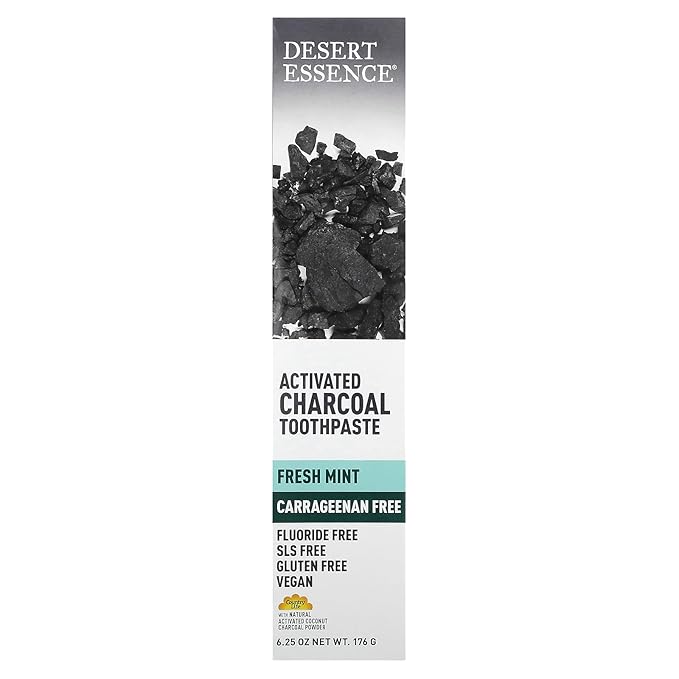 Desert Essence Activated Charcoal Toothpaste - Fluoride and Carrageenan Free - Brighter Teeth and Fresher Breath with Activated Coconut Shell Charcoal, Baking Soda, and Fresh Mint - 6.25 oz-Ruum Studio Home