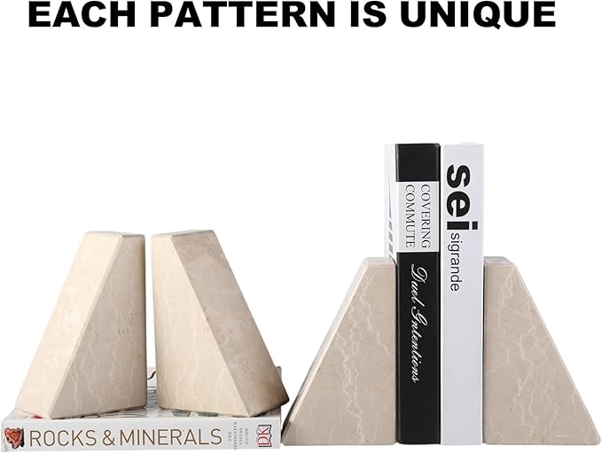 Marble Bookends for Heavy Books, Decorative Book Ends for Shelves, Durable and Heavy-Duty Stone Bookends for Hardback Book & CDS, Unique Book Stopper & Holder, New Jura Beige-Vein, Set of 2-Ruum Studio Home