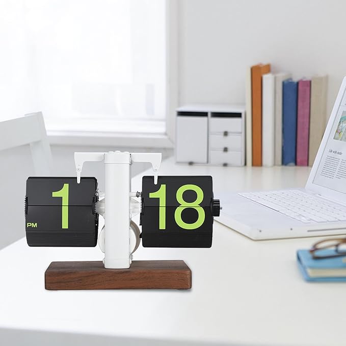 Flip Desk Clock, Retro Vintage Flip Desk Table Clock, Digital Clock Sided Large Numbers Mechanical Flip Clock Wood Base for Living Room, Study Room and Office（Frosted White）-Ruum Studio Home
