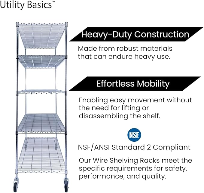60"x24"x72" Chrome 5-Tier PREMIUM Wire Shelving NSF 4000 LBS MAX CAPACITY Heavy Duty Steel Storage Rack for Warehouses, Garages, Hospitals, Commercial Spaces, & Schools w/PREMIUM WHEELS-Ruum Studio Home