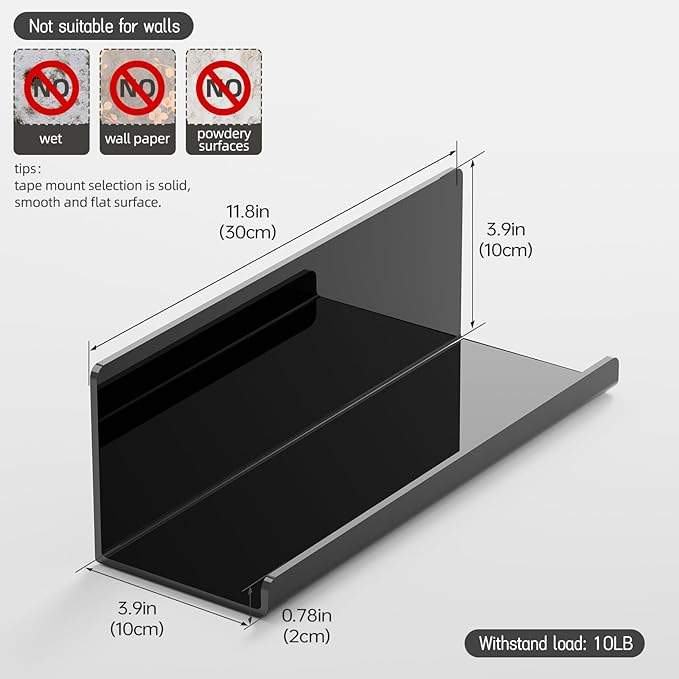 Acrylic Floating Shelves for Wall No Drilling, Self Adhesive Space-Saving Shelves, 12 Inch Floating Shelf Stick on Wall Shelf, for Bathroom, Kitchen, Bedroom, Office, Gaming Room, Black-Ruum Studio Home