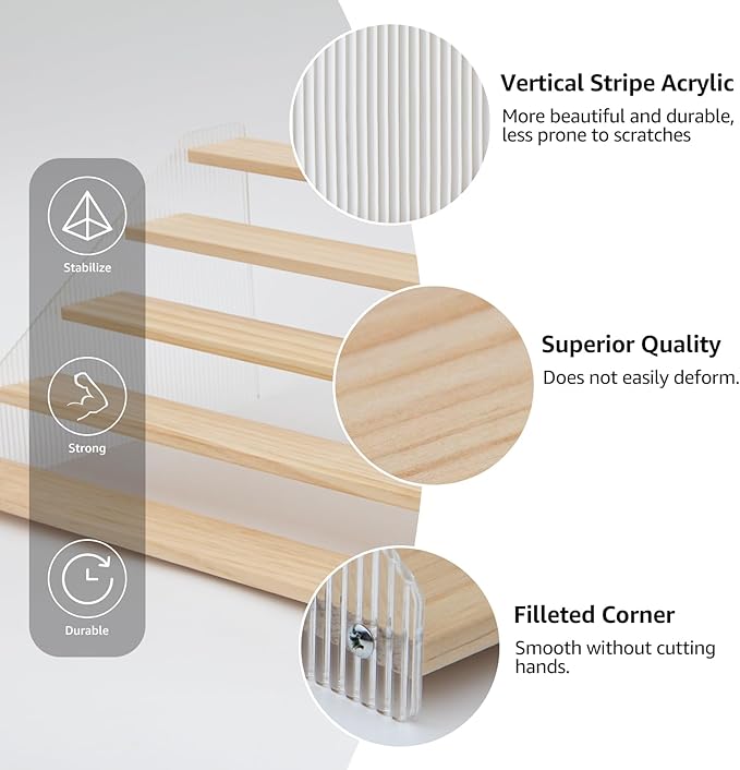 nianfeng Tiered Spice Rack, 5-Tier Spice Pantry Kitchen Cabinet Organizer, 12-Inch, Natural Wood Acrylic Stair Riser Stand, Countertop Seasoning Shelf-Ruum Studio Home