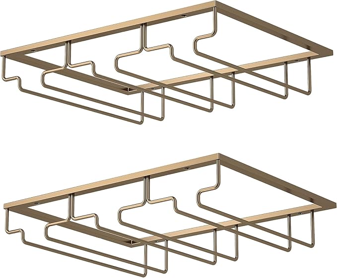 Wine Glass Rack - Under Cabinet Stemware Wine Glass Holder Glasses Storage Hanger 2 Pack Metal Organizer for Bar Kitchen Gold-Ruum Studio Home