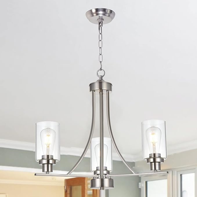 BONLICHT Contemporary Chandelier 3 Light Brushed Nickel Modern Lighting Fixtures Hanging Clear Glass Shades Pendant Light Classic Ceiling Lamp for Kitchen Dinging Room Living Room Bedroom Hallway-Ruum Studio Home