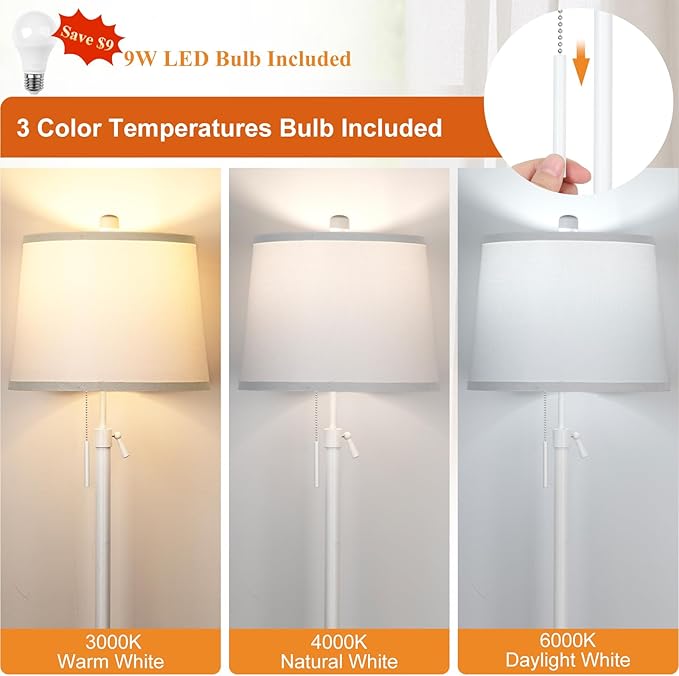 White Floor Lamp for Living Room 55-65" Adjustable Height Modern Standing Lamp with Pull Chain Tall Pole Light with White Shade for Bedroom Reading Office Corner Nursery 9W LED Bulb Included 3 Color-Ruum Studio Home