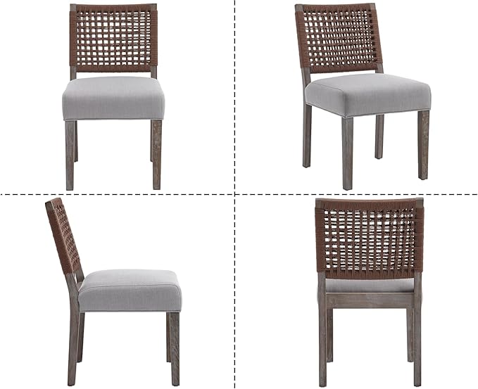 Kmax Farmhouse Dining Chairs Set of 4, Rustic Kitchen Chairs with Linen Fabric Seat and Woven Back, Vintage Accent Chairs for Dining Room, Living Room, Grey-Ruum Studio Home
