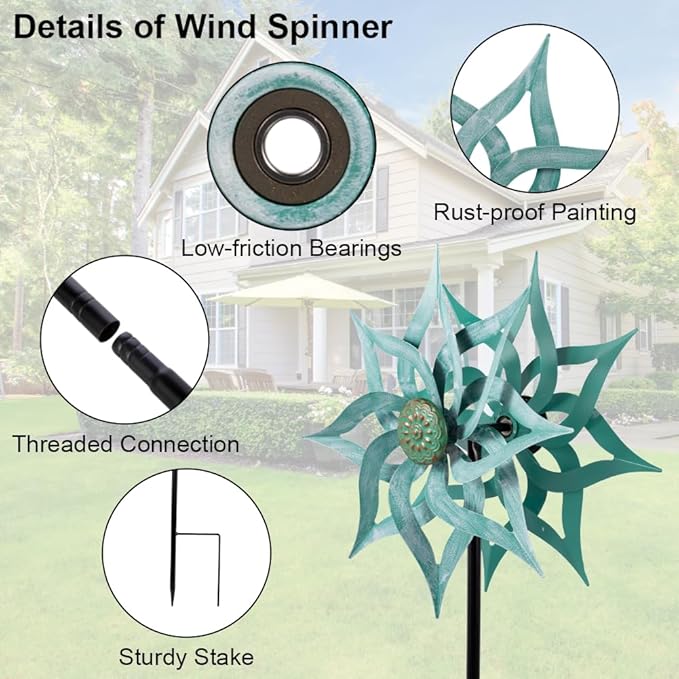 Viveta Metal Wind Spinners,53.5" Kinetic Wind Sculptures,Green Garden Pinwheels Double Layer Windmill for Outdoor Patio Lawn Yard-Ruum Studio Home