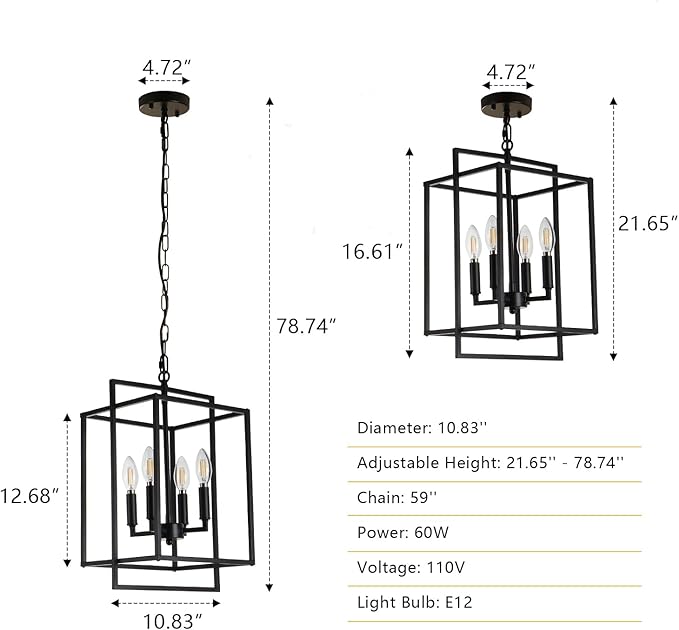 4-Light Vintage Black Chandelier, Foyer Lighting Fixtures Farmhouse Chandeliers for Dining Room, Modern Industrial Lantern Pendant Light for Kitchen Island Entryway Stairway-Ruum Studio Home