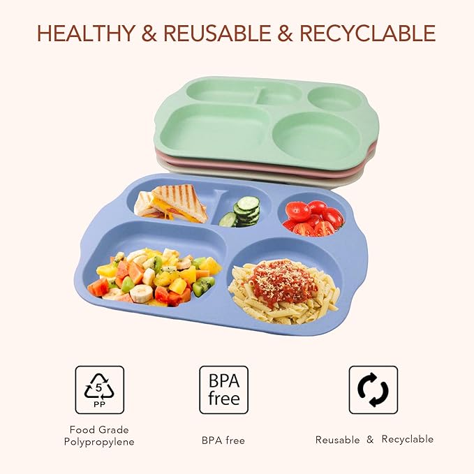 greenandlife 12 Inch (4PCS) Large Unbreakable Divided Plates for Kids Adults, Dishwasher & Microwave Safe Plate, Lightweight Reusable Plastic Compartment Plates, BPA Free and Healthy-Ruum Studio Home