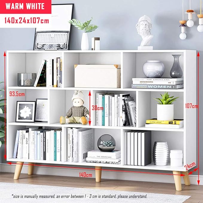 IOTXY Wooden Open Shelf Bookcase - 3-Tier Floor Standing Display Cabinet Rack with Legs, 10 Cubes Bookshelf, Warm White-Ruum Studio Home