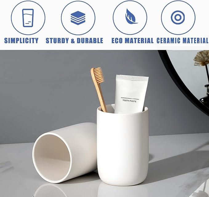 Toothbrush Holders for Bathrooms - 2 Cups Ceramic Toothbrush Toothpaste Holders Set, White Bathroom Tumbler Cups Reusable Toothbrush Mouthwash Cup, Bathroom Counter Organizer-Ruum Studio Home