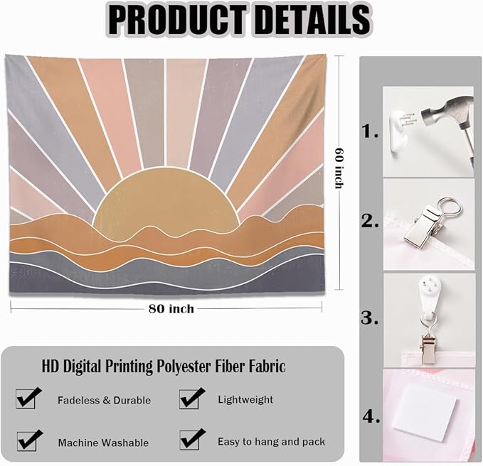 keowhsf Boho Sun Mountain Tapestry Wall Hanging - Retro 70s Vintage Rainbow Sunrise Sunset Design, Abstract Geometric Hippie Art Tapestry for Bedroom, Living Room & Dorm Decor-Ruum Studio Home