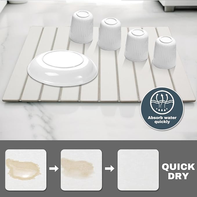 Large Stone Dish Drying Mats for Kitchen Counter, Quick Dry Absorbent Collapsible Dish Drying Mat,Diatomaceous Earth Mats for Dishes Bottles Cups,Match Any Countertop,White 24 * 16inch-Ruum Studio Home