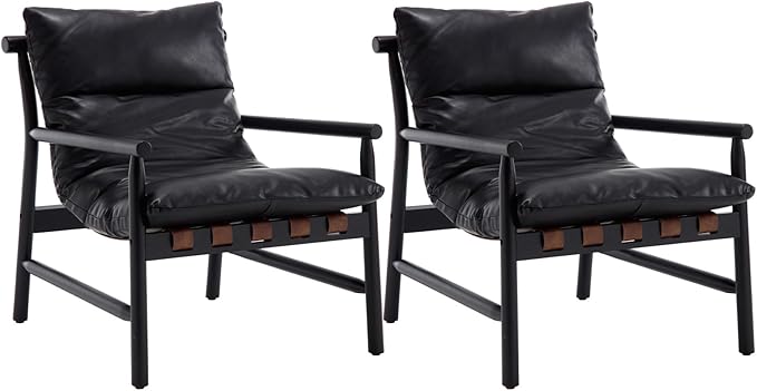 Kmax Modern Sling Accent Chairs Set of 2 Upholstered PU Leather Living Room Chairs Solid Wood Frame Arm Chairs Comfy Lounge Chairsfor Bedroom, Reading Room, Black-Ruum Studio Home