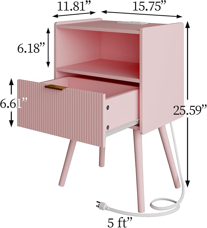 Nightstand,Modern Bedside Table with Storage Drawer and Open Wood Shelf, Accent Night Stand with Solid Wood Legs for Living Room, Bedroom and Small Spaces,Easy Assembly (Pink-Outlet)-Ruum Studio Home