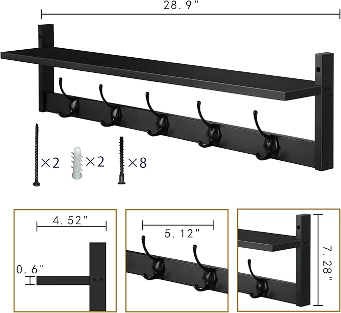 BAMEOS Wall-Mounted Shelf with Hooks - 28.9 Inch Entryway Hanging Shelf with 5 Dual Hooks for Bathroom, Living Room, Bedroom (Black)-Ruum Studio Home
