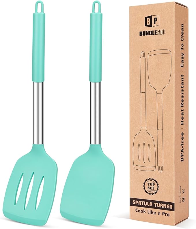 Pack of 2 Silicone Solid Turner, Non Stick Slotted Kitchen Spatulas, High Heat Resistant BPA Free Cooking Utensils, Ideal Cookware for Fish, Eggs, Pancakes(Green)-Ruum Studio Home