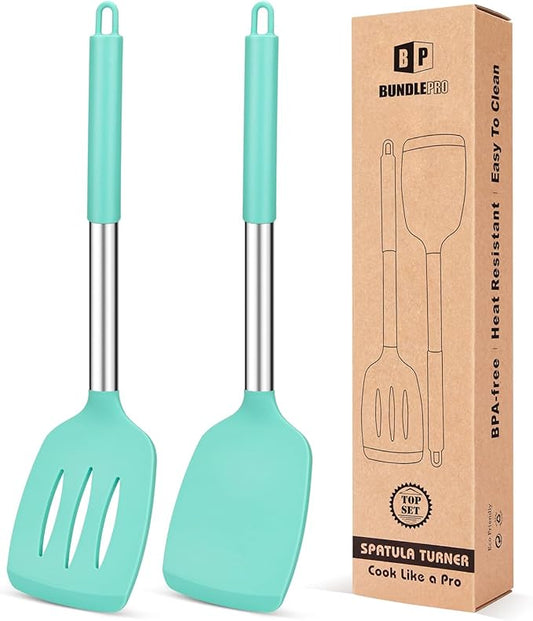 Pack of 2 Silicone Solid Turner, Non Stick Slotted Kitchen Spatulas, High Heat Resistant BPA Free Cooking Utensils, Ideal Cookware for Fish, Eggs, Pancakes(Green)-Ruum Studio Home