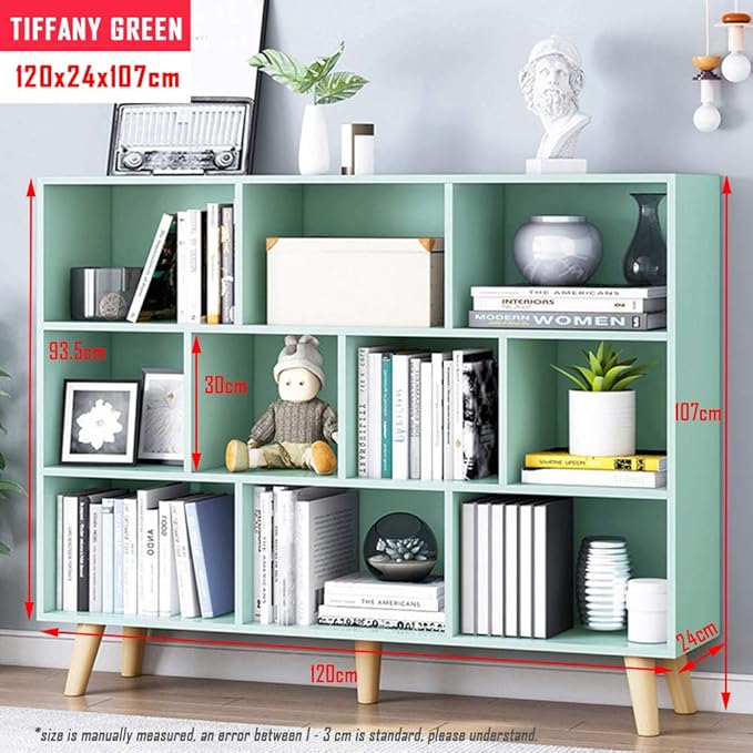 IOTXY Wooden Open Shelf Bookcase - 3-Tier Floor Standing Display Cabinet Rack with Legs, 10 Cubes Bookshelf, Tiffany-Green-Ruum Studio Home