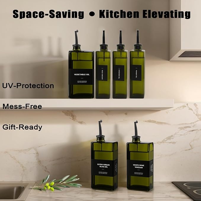 Olive Oil Dispenser Bottle for Kitchen 16.9oz, UV-Blocking Oil and Vinegar Dispenser Set, Soy Sauce Dispenser, Space Saving Design for Countertop (Green, 2pcs)-Ruum Studio Home