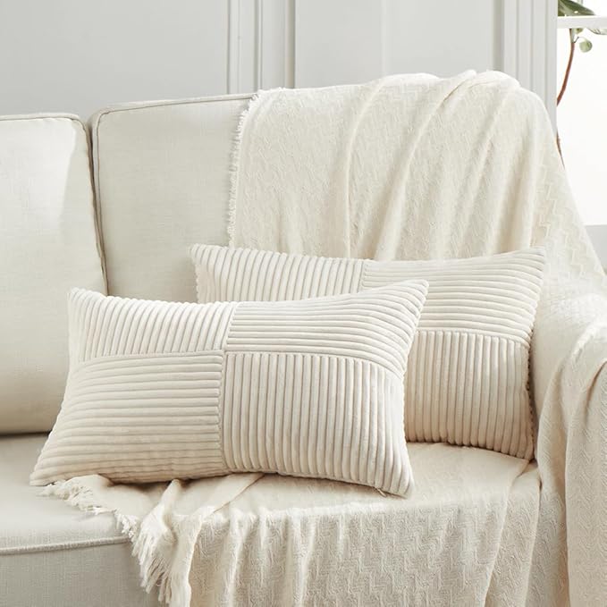 Fancy Homi 2 Packs Cream Lumbar Decorative Throw Pillow Covers 16x28 Inch for Living Room Couch Bed Sofa, Rustic Farmhouse Boho Home Decor, Soft Striped Corduroy Rectangle Accent Cushion Case 40x70 cm-Ruum Studio Home
