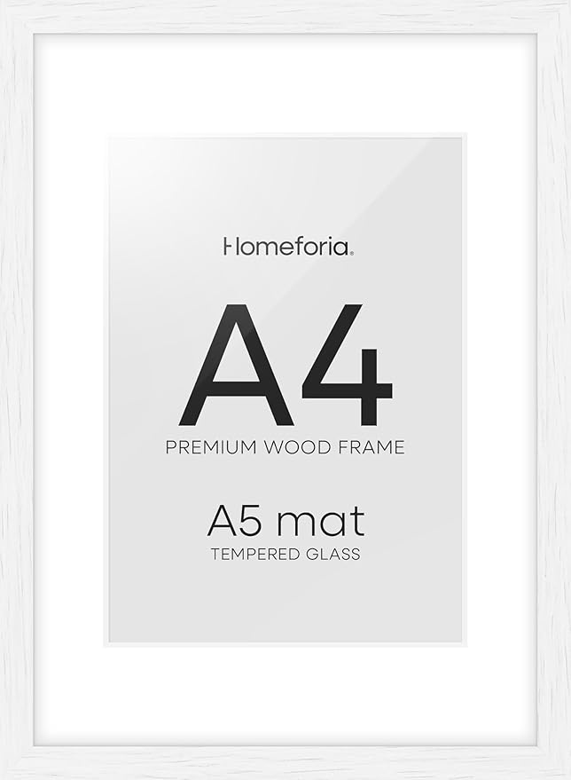 Homeforia A4 Picture Frame White Wood, High-End Oak 8.3 x 11.7 White Poster Frames Matted to 5.8 by 8.3 Photo, 8.3x11.7 Size Wooden Frame with Mat for 5.8x8.3 Print, Tempered Glass, Wall Kit, Set of 1-Ruum Studio Home
