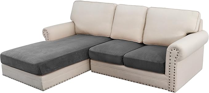 H.VERSAILTEX Velvet Stretch Sectional Couch Covers, 3 Pieces, L-Shaped with Separate Cushions - For Both Left/Right Couch Types (Large Sofa 2 Seater + Chaise, Grey Striped)-Ruum Studio Home