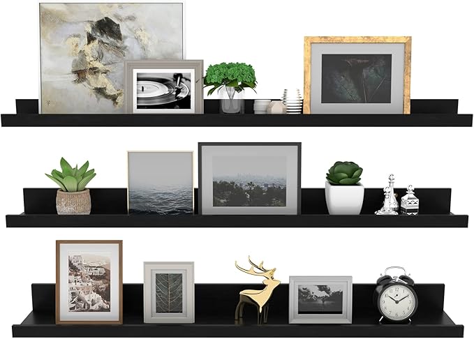 Giftgarden 36 Inch Black Floating Shelves for Wall Woodgrain Picture Ledge Large Photo Shelf for Bedroom Living Room Kitchen Bathroom Storage Shelving, Set of 3 Different Sizes-Ruum Studio Home