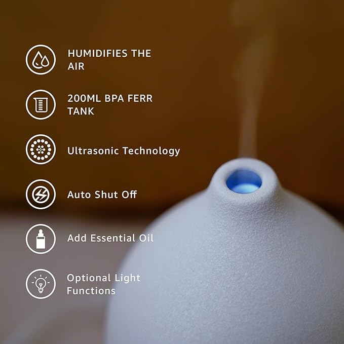 200ML Ceramic Essential Oil Diffuser - Ultrasonic Aromatherapy & Humidifier with 7-Color LED Lights, Auto Shut-Off, White, 1H/3H/6H Timer | Scent for Home,Office,Yoga-Ruum Studio Home