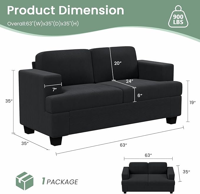 63” Corduroy Loveseat Sofa Couch for Living Room, Small Couch with Deep Seat for Bedroom, Comfy Could Loveseat for Small Living Room, Black Corduroy-Ruum Studio Home