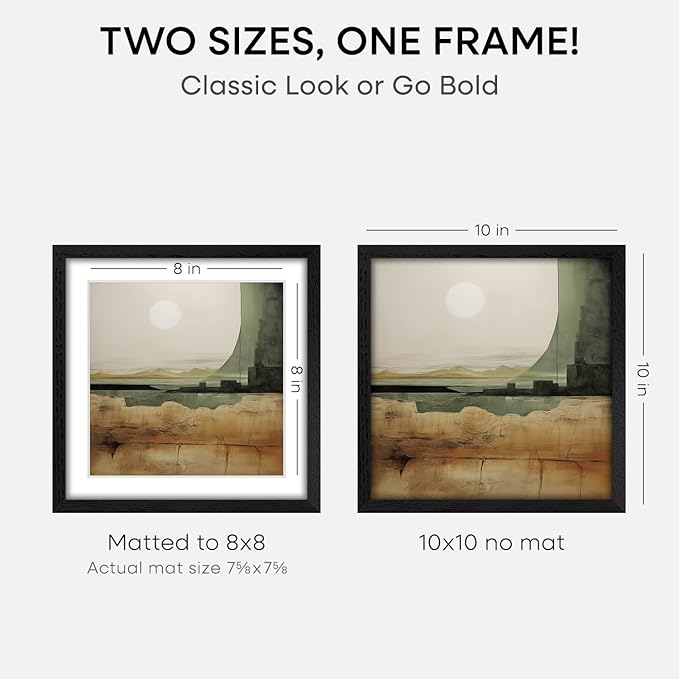 Homeforia 10x10 Picture Frame Black Wood, High-End Oak 10 x 10 Square Frames with Mat 8 by 8 Photo, 10by10 Wooden Frame Matted to 8x8 Print, Wall or Tabletop Frames, Tempered Glass, Wall Kit, Set of 1-Ruum Studio Home