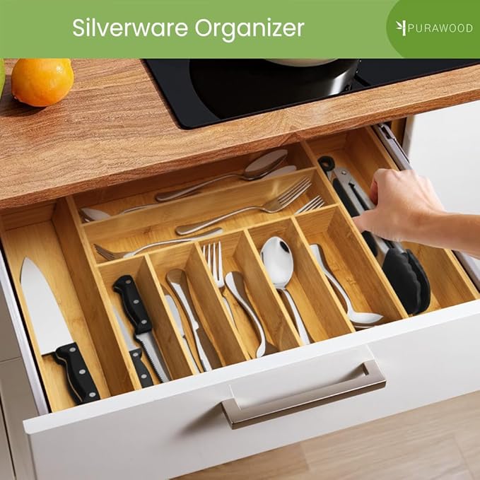 Purawood Bamboo Drawer Organizer - Expandable Silverware Organizer & Utensil Drawer Organizer, Cutlery Tray with Dividers, 7-9 Slots- Kitchen Organizer for Utensils & Flatware (Natural)-Ruum Studio Home
