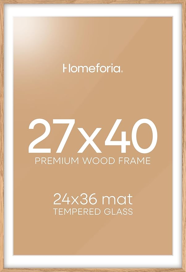 Homeforia Wood Poster Frame 27x40, High End Natural Oak 27 x 40 Large Picture Frame with Mat 24 by 36, 27x40 Light Wooden Frames Matted to 24x36, 40x27 Movie Frames, Tempered Glass, Wall Kit, Set of 1-Ruum Studio Home