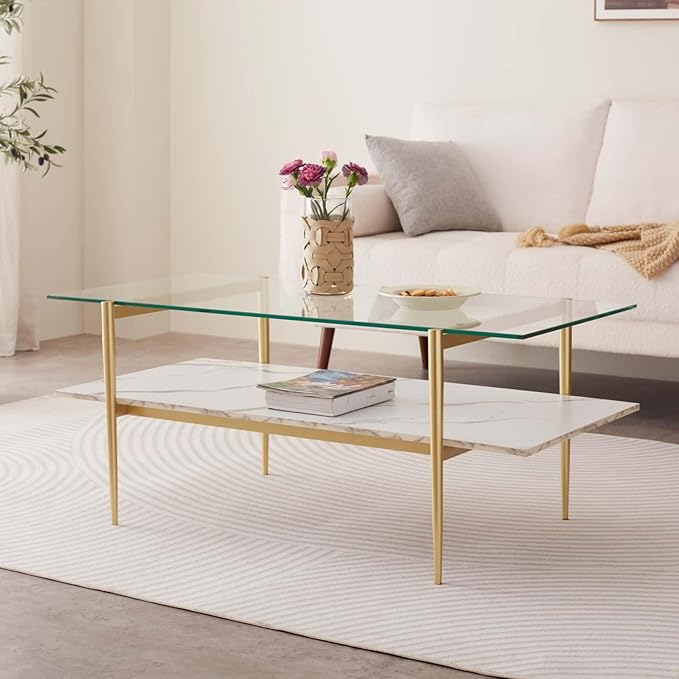 Rectangle Coffee Table for Living Room, Mid-Century Modern Design, L41 x W21 x H17, 2-Tier Structure, Clear Glass Top and White Marble Finish Wood Shelf, Conical Legs with Gold Finish-Ruum Studio Home