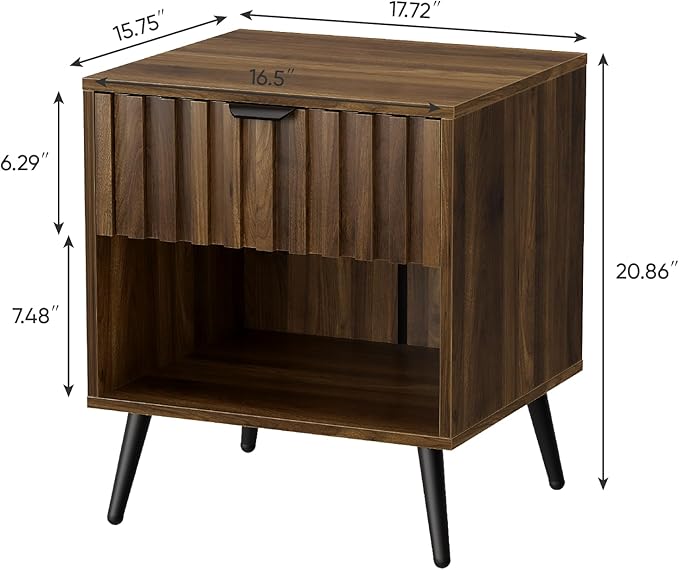 Smuxee Walnut Wooden Night Stand, Mid Century Nightstand with Fluted Drawer, Bedside Table with Open Shelf, Modern End Side Table for Bedroom-Ruum Studio Home