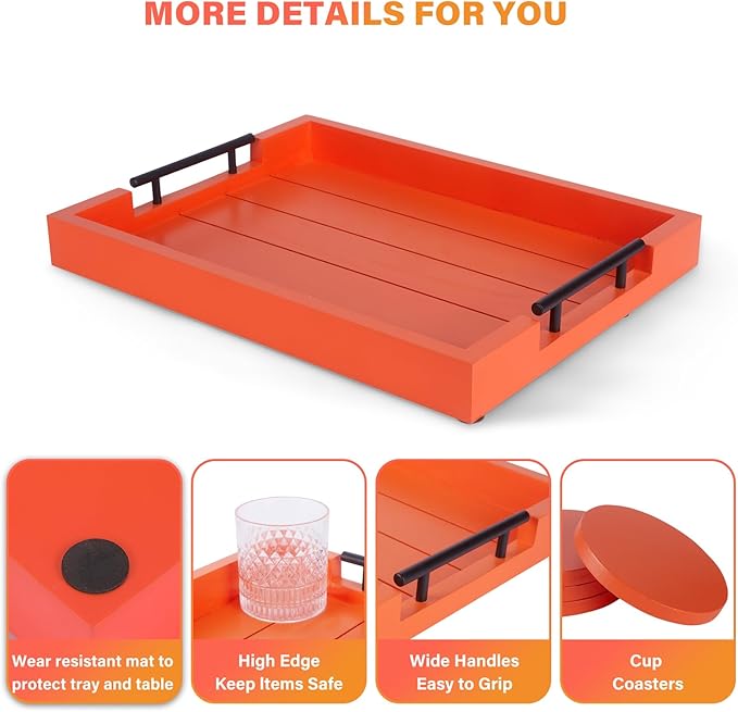 Ottoman With Handle for Living Room - Set of 4 Natural Wooden Coasters - Rustic Serving Tray for Coffee Table - Kitchen Decorative Tray With Handles (Orange)-Ruum Studio Home