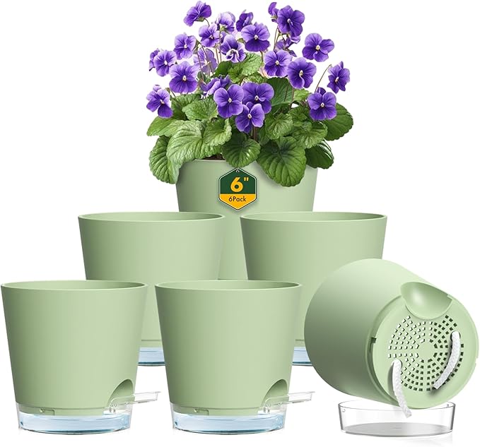 6 inch Self Watering Pots for Indoor Outdoor Plants, 6 Pack Flower Plant Pots with Drainage Holes and Clear Reservoirs, Visible Water Level, Plastic Planters with Wicking Rope, Green-Ruum Studio Home