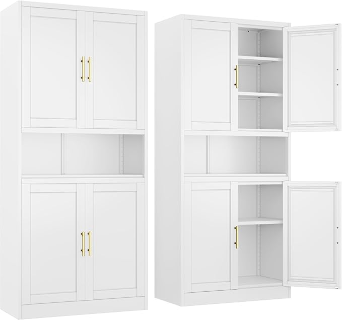 Tall Pantry Cabinet 67" H Metal Cabinet with 4 Doors, Bathroom Cabinets, 3 Adjustable Shelves for Kitchen, Home Office, Living Room, Dinning Room-Ruum Studio Home