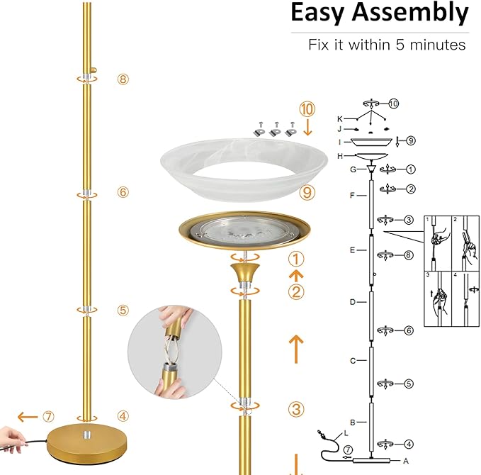 BoostArea Torchiere Floor Lamp, 24W Super Bright LED Standing Lamp, 3000K Stepless Dimmable Pole Lamp with Rotary Switch, 70 Inch Tall Metal Modern Floor Lamps for Living Room/Bedroom/Office/Den, Gold-Ruum Studio Home