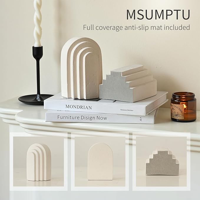 Decorative Bookends for Shelves, Set of 2 Book Ends for Heavy Books, Layered Arch Design Beige Bookend-Ruum Studio Home