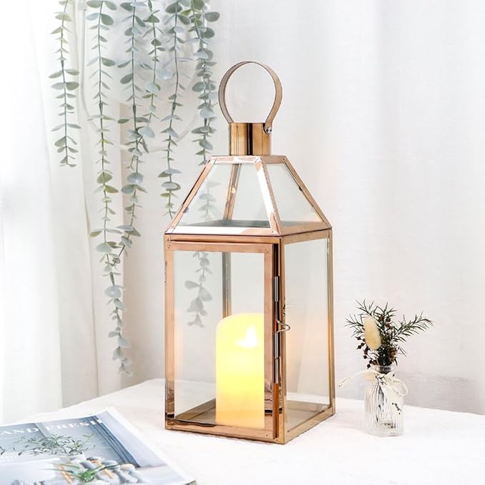 JHY Design Rose Gold Decorative Lanterns 16 inch High Stainless Steel Candle Lanterns with Tempered Glass for Indoor Outdoor Events Parities and Weddings-Ruum Studio Home