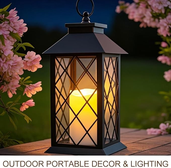 Bright Zeal 13.5" Black Vintage Candle Lantern with LED Pillar Candle and Timer - IP44 Waterproof Porch Light - Tabletop Lantern Decorative Outdoor-Ruum Studio Home