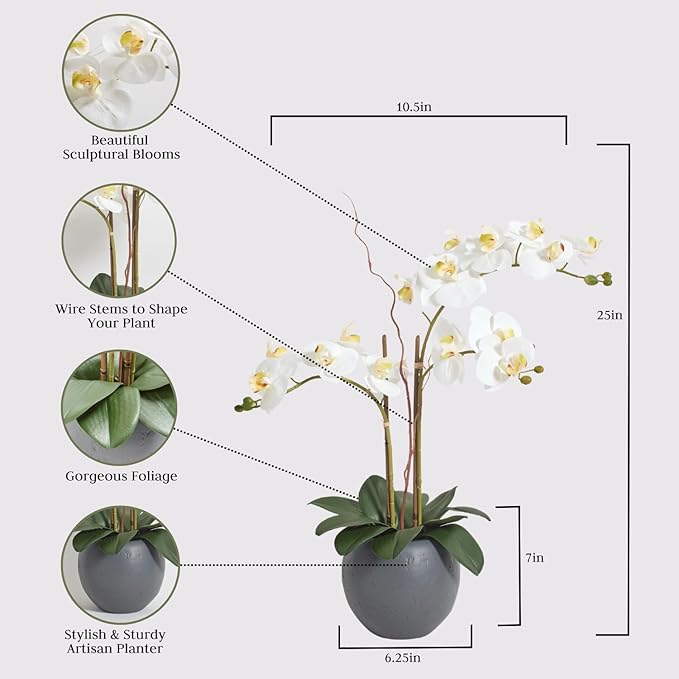 Faux White Orchid Plant, Premium Artificial Indoor Flower Display Stands 25-Inches with Beautiful Sculptural Blooms and Foliage That Lasts Forever, Grey Planter Pot Included-Ruum Studio Home
