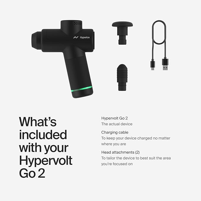 Hyperice Hypervolt Go 2 - Black - Featuring Quiet Glide Technology - Handheld Percussion Massage Gun - 3 Speeds, 2 Interchangeable Heads - Helps Relieve Sore Muscles and Stiffness - FSA-HSA Eligible-Ruum Studio Home